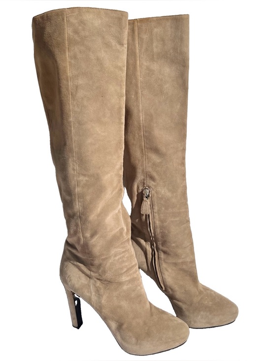 Prada Shoes - Prada Tall Suede Knee High Heel Boots Taupe Beige Tan Size 38